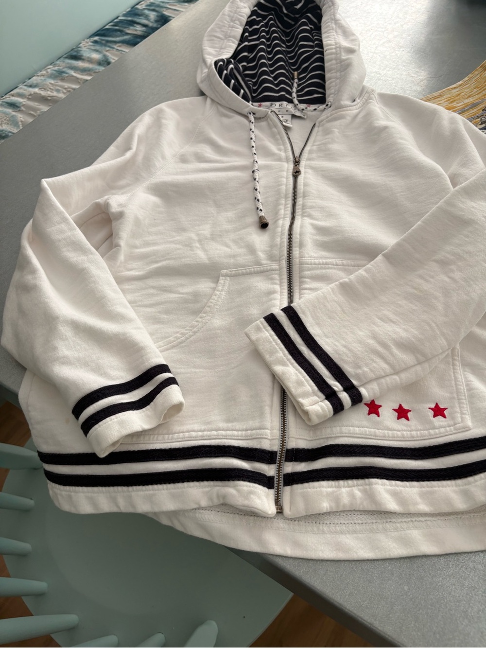 Norton McNaughton White Zip Hoodie with Navy Stripes and Red Star Details